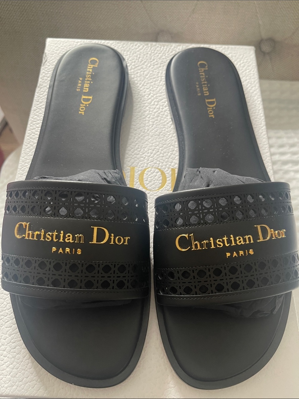 Authentic Dior Black and Gold Slide Sandals